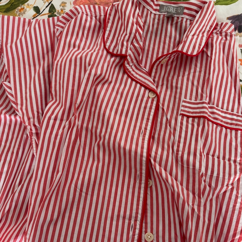 JCrew Red Striped Cotton Poplin Long Sleeved Cropped Pajama Set, Size Medium